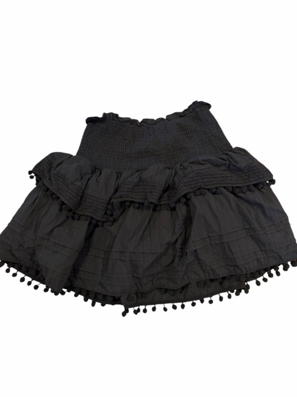 House of Harlow 1960 Women's Black Smocked Ruffle Mini Skirt Pom Pom Size Medium - Picture 2 of 6
